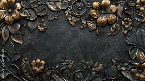 Ornate bronze floral design on dark background