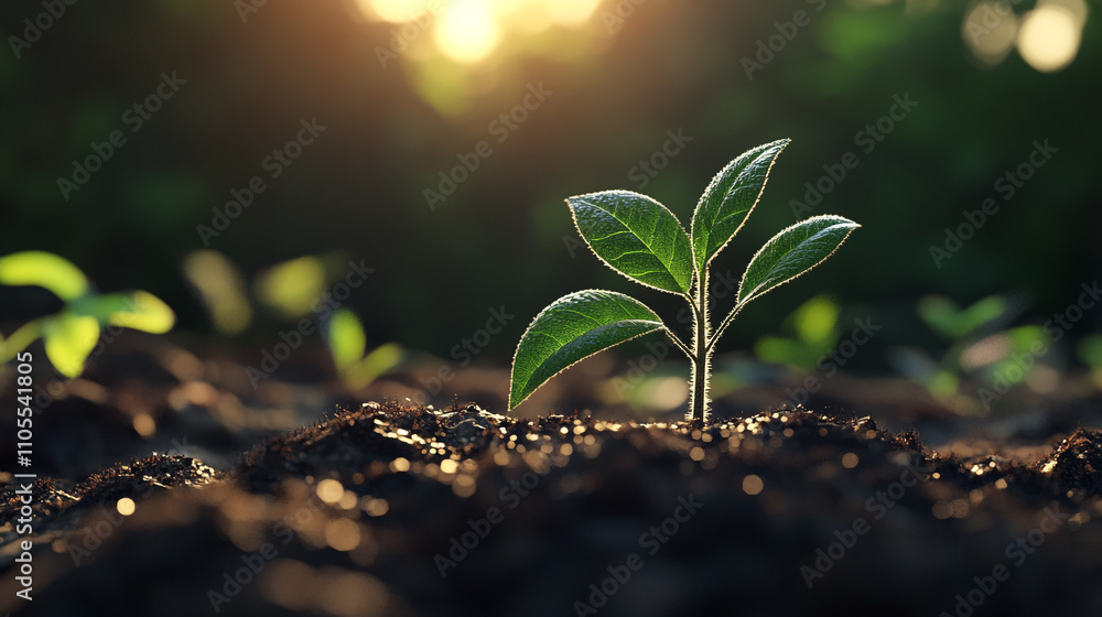 New plant emergence in sunlight with soft background and rich soil details New plant emergence in sunlight with soft background and rich soil details