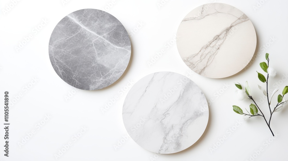 Three Round Marble Coasters in Various Shades on a White Surface with Minimalistic Plant for Elegant Home Decor Inspiration Three Round Marble Coasters in Various Shades on a White Surface with Minimalistic Plant for Elegant Home Decor Inspiration