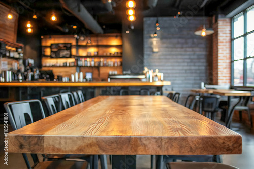 Empty Wooden Table in Modern Industrial-Style Coffee Shop with Warm Lighting and Cozy Atmosphere