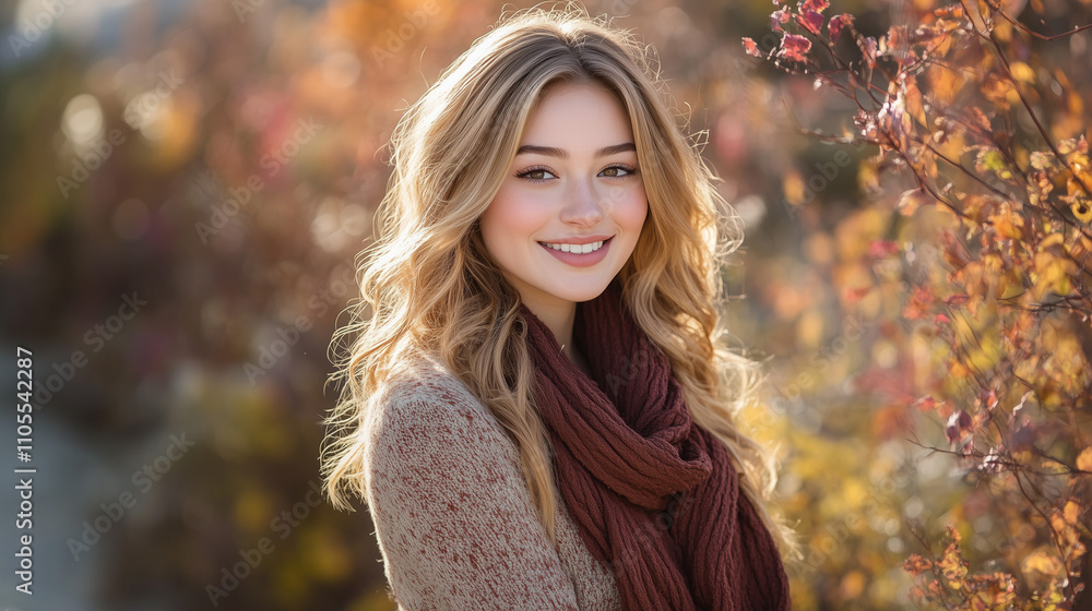 Smiling Young Woman in Trendy Autumn Outfit Surrounded by Warm Foliage Smiling Young Woman in Trendy Autumn Outfit Surrounded by Warm Foliage