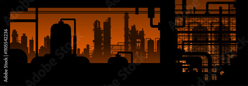 Vektor Silhouette Industrie - Anlage mit Rohren und Technologie zur Herstellung - Rohstoffe und Waren - Konstruktion und Entwicklung im Wettbewerb der Weltwirtschaft