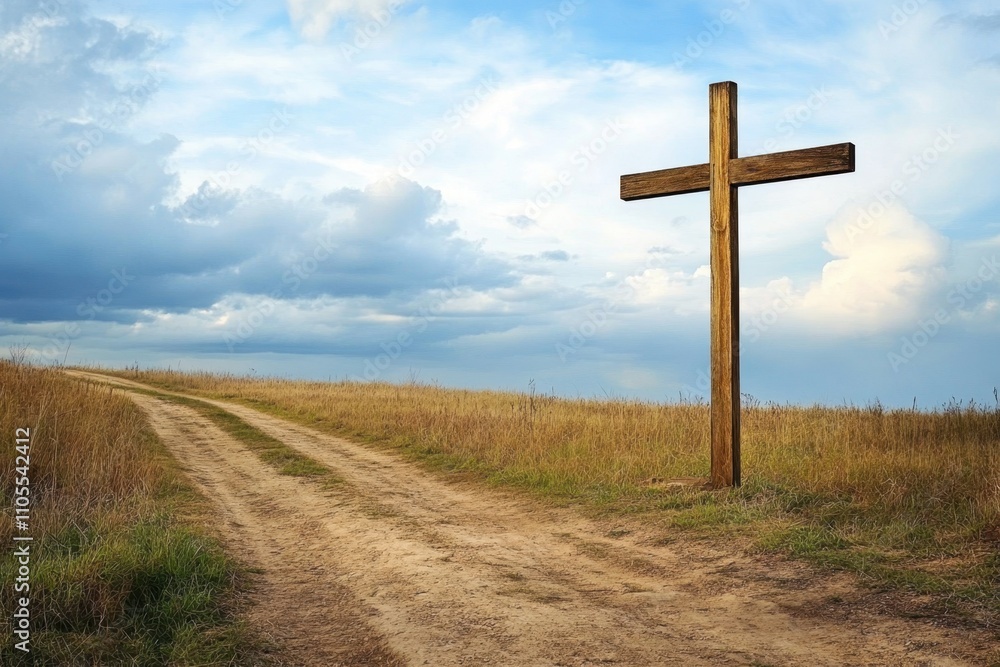 Rustic wooden cross standing on a dirt path amidst open fields under a blue sky Rustic wooden cross standing on a dirt path amidst open fields under a blue sky