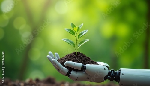 A robotic hand gently holds a small seedling, representing the harmonious blend of technology and nature. The vibrant green background highlights themes of innovation and sustainability.

 photo