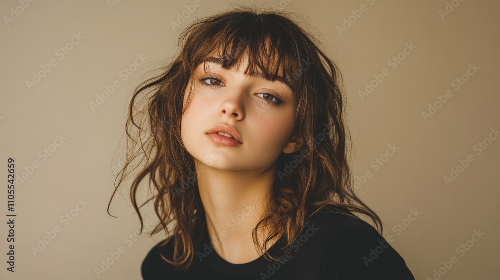 Portrait of a young caucasian female with wavy brown hair and soft expression. Portrait of a young caucasian female with wavy brown hair and soft expression.