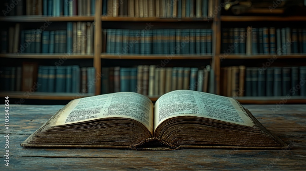 Open Antique Book Against Library Bookshelf Background Open Antique Book Against Library Bookshelf Background