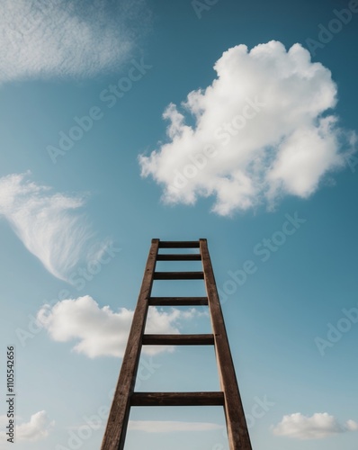 Wooden ladder extending towards clear blue sky with clouds. photo