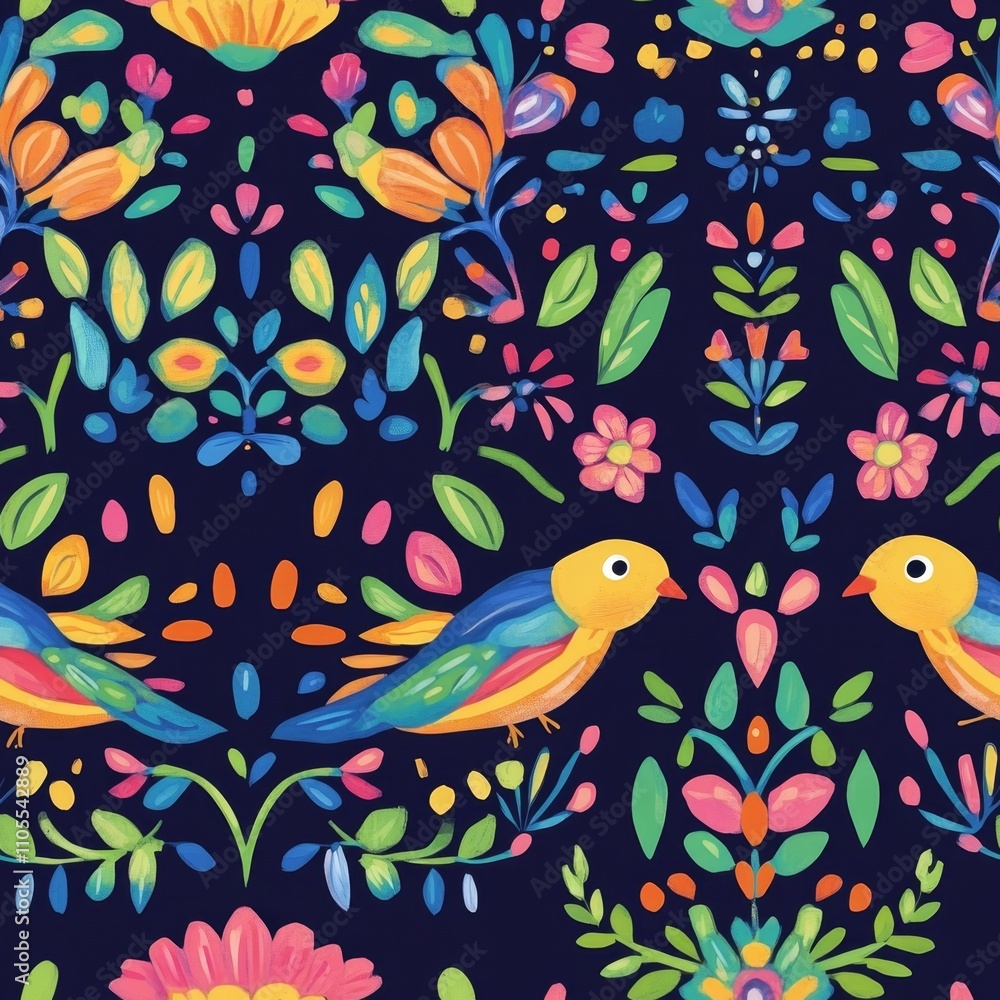 Vibrant Floral Pattern with Birds - Mexican Style Design Vibrant Floral Pattern with Birds - Mexican Style Design