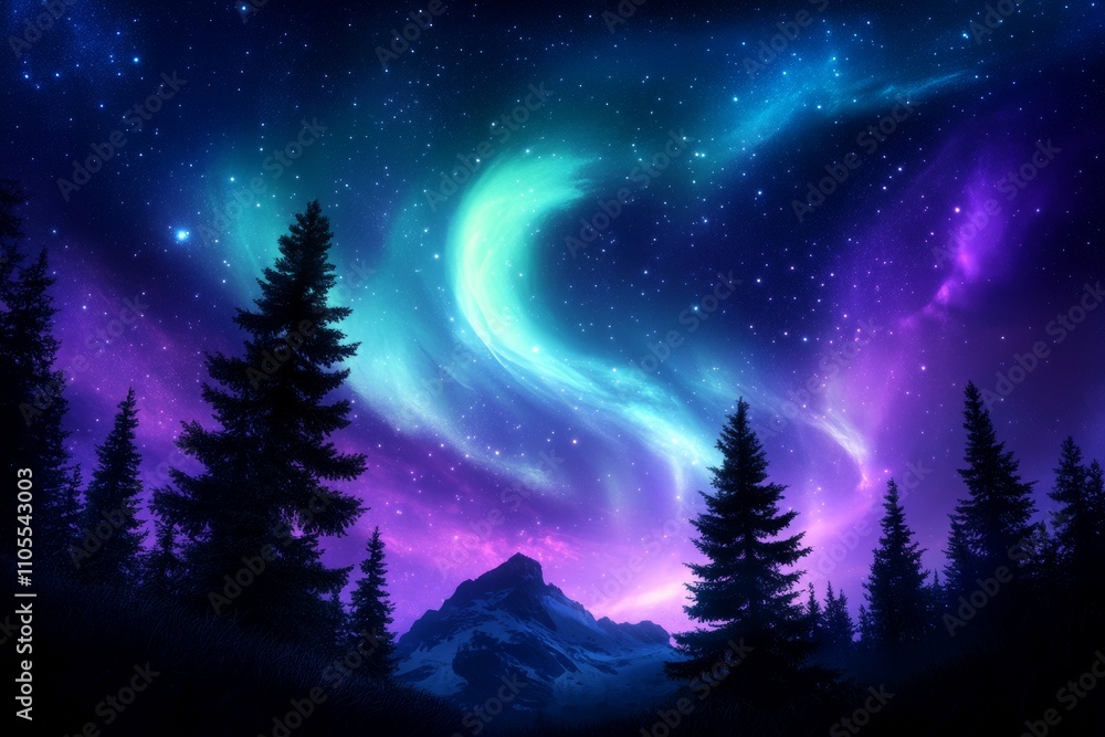 Vibrant Aurora Borealis Over Mountain Peak and Pine Forest at Night Vibrant Aurora Borealis Over Mountain Peak and Pine Forest at Night