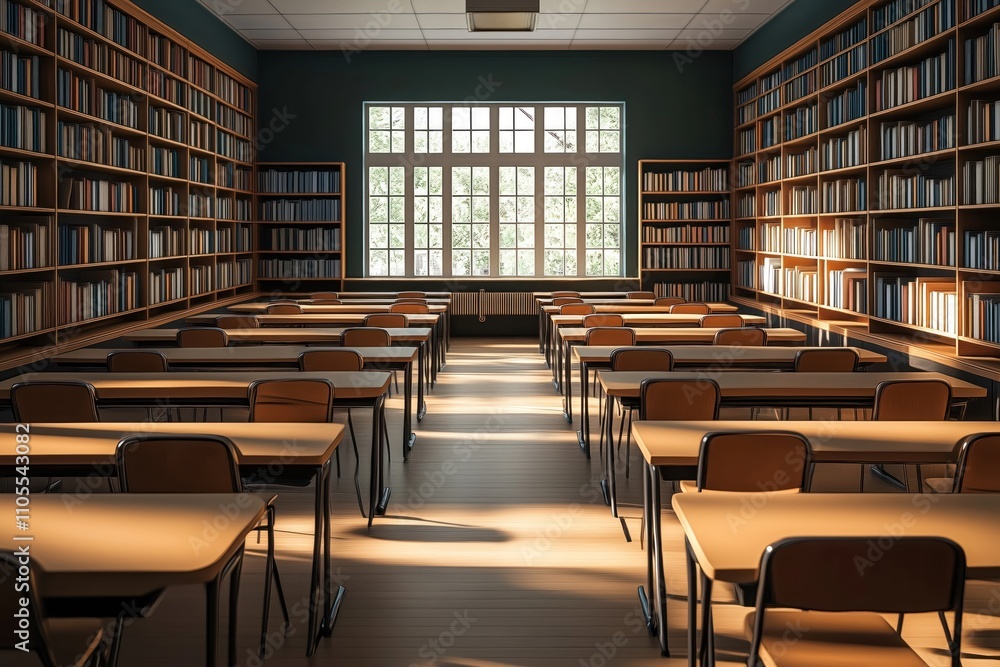 Empty classroom with many desks, bookshelves. Sunlight streams in through large window. Study space ready for students. Education concept for schools, colleges. Ideal for educational material. Empty classroom with many desks, bookshelves. Sunlight streams in through large window. Study space ready for students. Education concept for schools, colleges. Ideal for educational material.