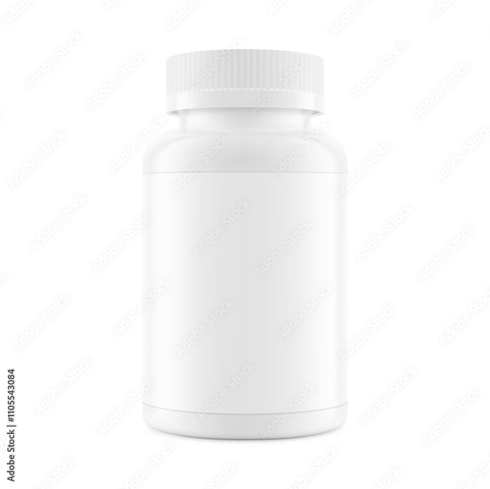Plastic packer pill bottle mockup with child resistant cap and label for treats, vitamins, supplements isolated on white background. Vector illustration. ready for your design. EPS10. Plastic packer pill bottle mockup with child resistant cap and label for treats, vitamins, supplements isolated on white background. Vector illustration. ready for your design. EPS10.