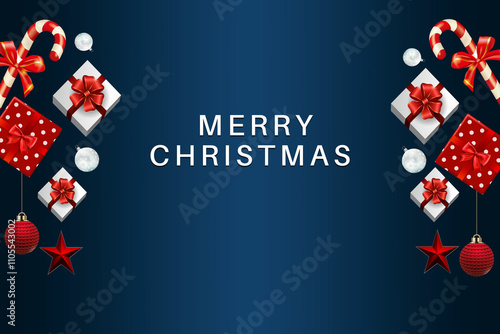 christmas greeting card, merry christmas banner design with christmas decoration and blue background