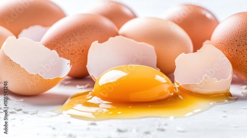 Cracked egg with yolk spilling out surrounded by empty eggshells, symbolizing food safety recall on clean white surface. photo