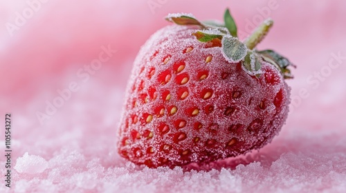 freeze dried strawberry rests on soft pink background, showcasing its vibrant red color and frosty texture. image captures freshness and detail of fruit