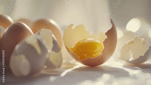 Cracked egg with yolk spilling out surrounded by empty eggshells, symbolizing food safety recall on clean white surface. photo