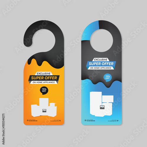 New Arrival Home Appliance door hanger Design Template and Black Friday Mega Sale presentation level and tags Design Template with two variations