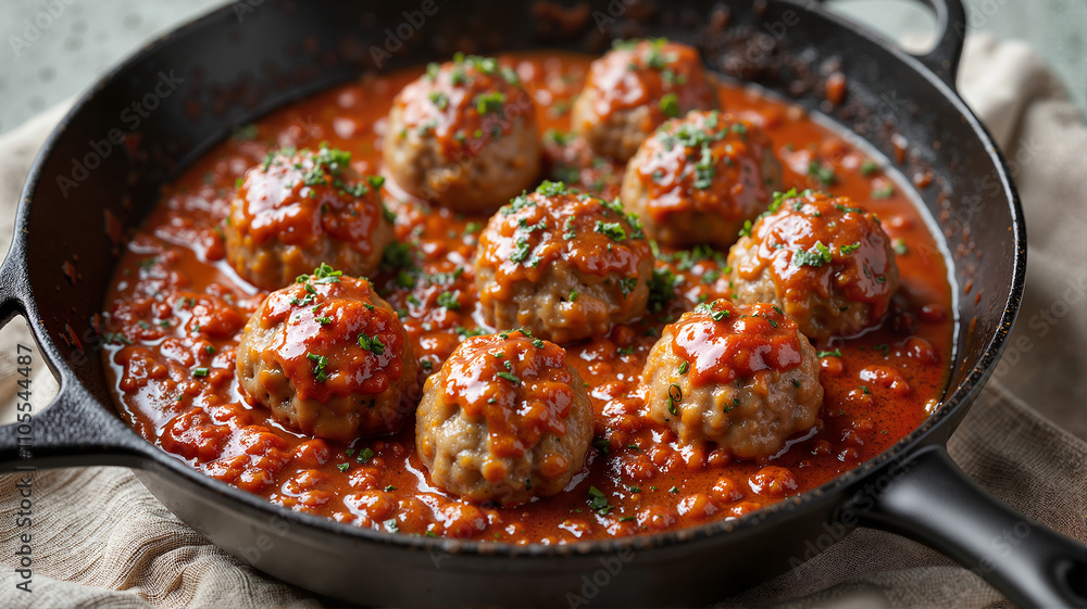 Paleo meatballs in marinara sauce served in a skillet Paleo meatballs in marinara sauce served in a skillet