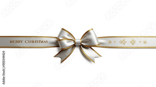 silver ribbon bow with golden  border and Merry Christmas inscription on transparent background, mockup of festive bow for decoration