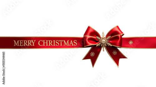 red ribbon bow with merry christmas lettering on transparent background, mockup holiday bow for decoration