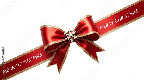 red ribbon bow with merry christmas lettering on transparent background, mockup holiday bow for decoration