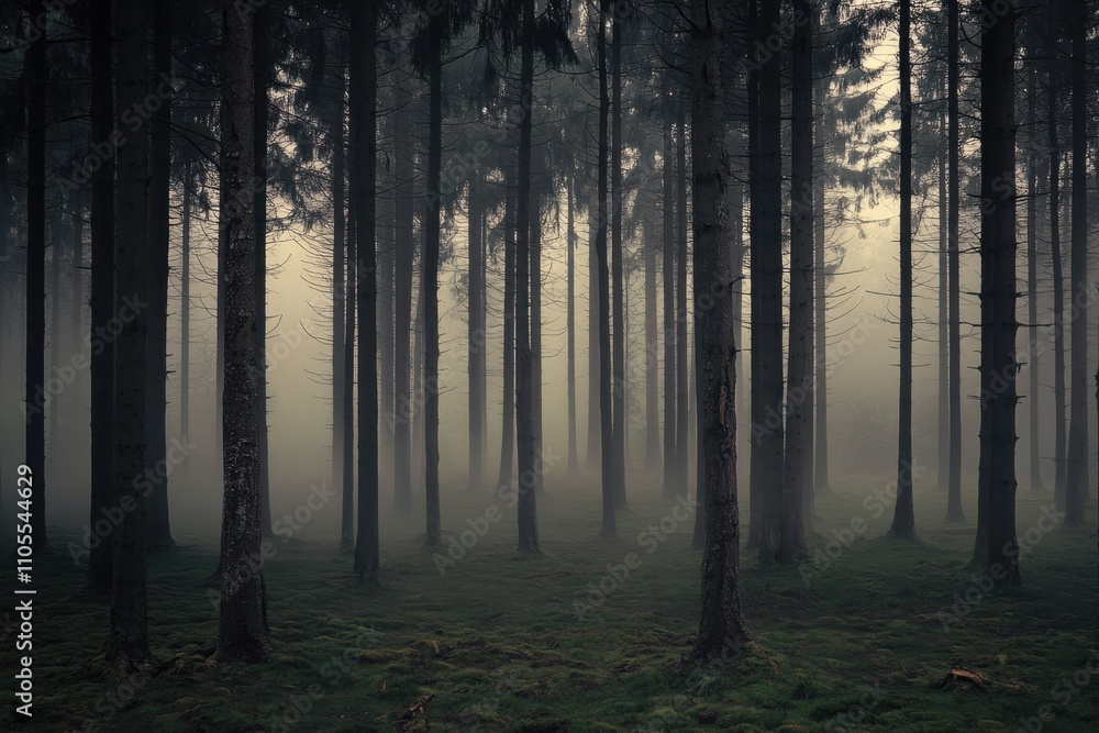 Foggy woods create a mysterious atmosphere in a dense forest during early morning hours Foggy woods create a mysterious atmosphere in a dense forest during early morning hours