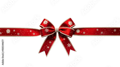 Festive ribbon bow with gold border, snowflakes and christmas patterns on transparent background, festive bow mockup for decoration
