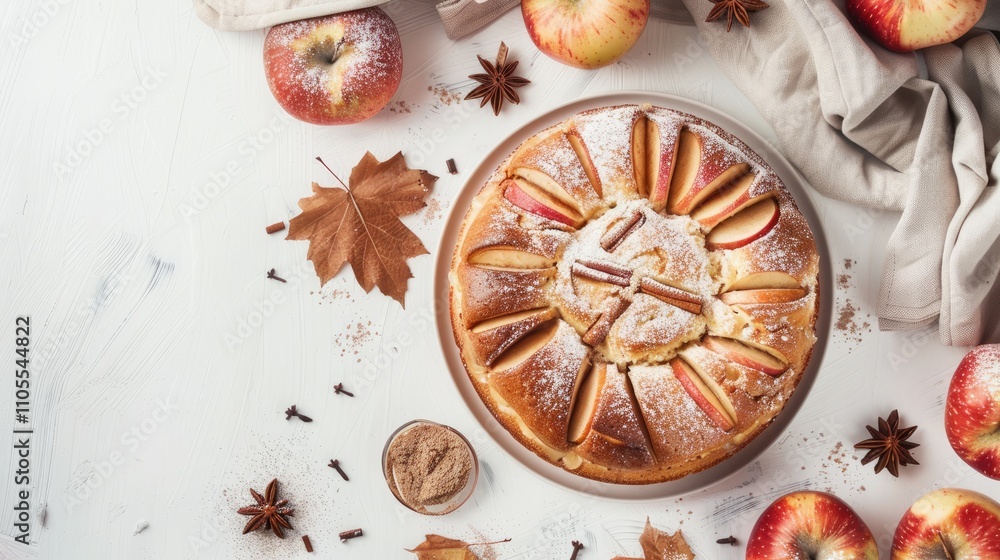 Autumn-inspired apple cinnamon cake on white background. Top-down view with space. Autumn-inspired apple cinnamon cake on white background. Top-down view with space.