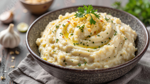 Creamy mashed cauliflower garnished with fresh parsley in a rustic bowl