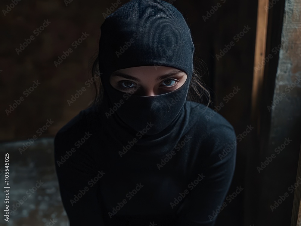 Mysterious Woman in Balaclava, Dark Room, Intense Gaze Mysterious Woman in Balaclava, Dark Room, Intense Gaze