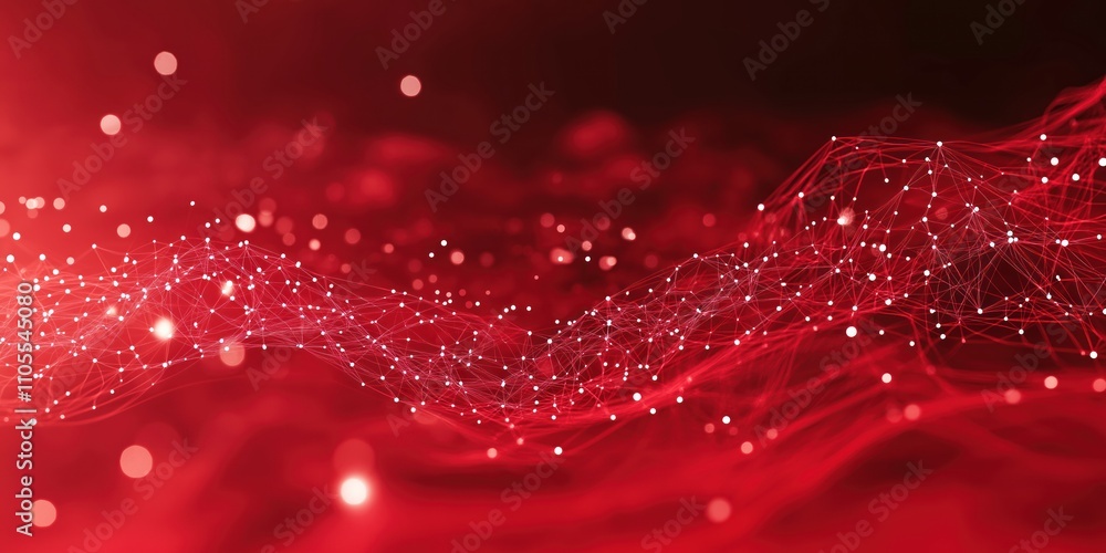 Abstract red background shows network mesh with particle connections. Wavy design creates dynamic visual effect. Suitable for tech themes, futuristic concepts, modern abstract visuals. Image evokes Abstract red background shows network mesh with particle connections. Wavy design creates dynamic visual effect. Suitable for tech themes, futuristic concepts, modern abstract visuals. Image evokes