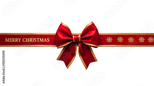 red ribbon bow with merry christmas lettering on transparent background, mockup holiday bow for decoration