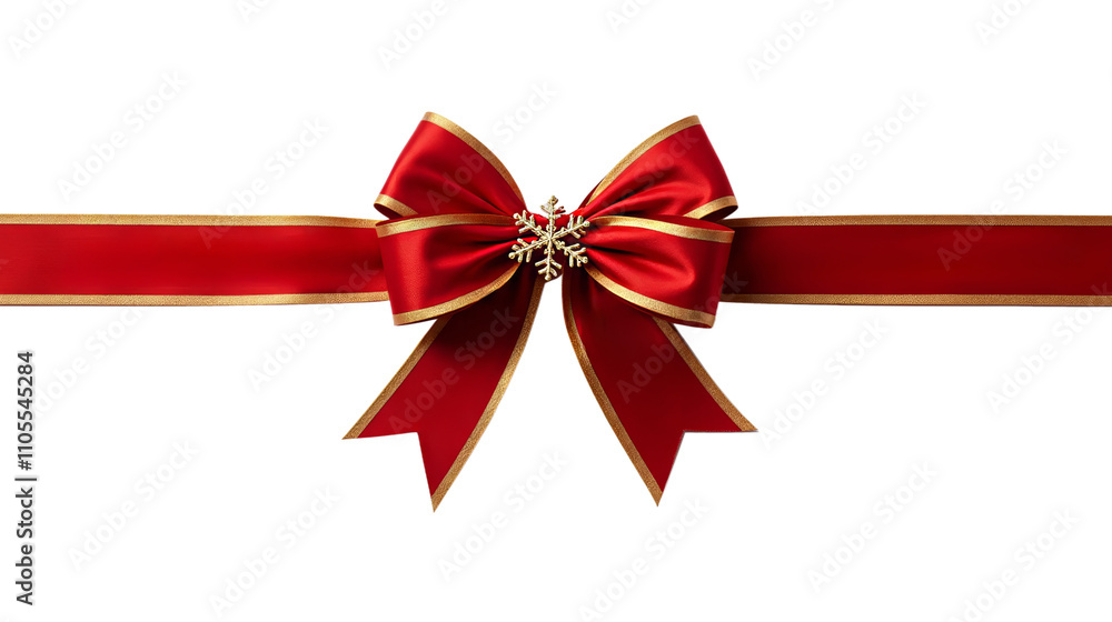 Festive ribbon bow with gold border, snowflakes and christmas patterns on transparent background, festive bow mockup for decoration Festive ribbon bow with gold border, snowflakes and christmas patterns on transparent background, festive bow mockup for decoration