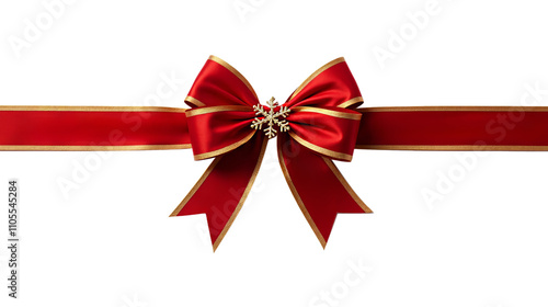 Festive ribbon bow with gold border, snowflakes and christmas patterns on transparent background, festive bow mockup for decoration