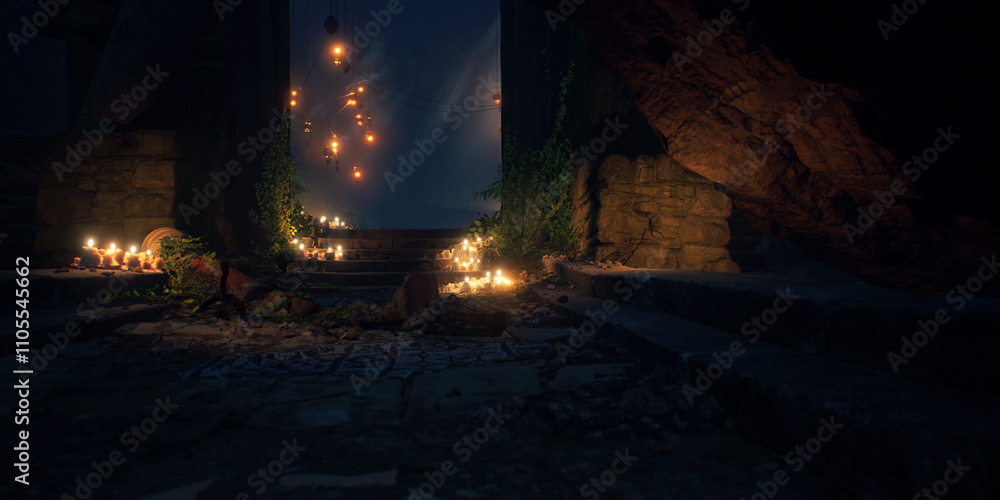 Obraz premium Ancient ruin of roman cave with vegetation and illuminated lanterns with smoke. 3D render.