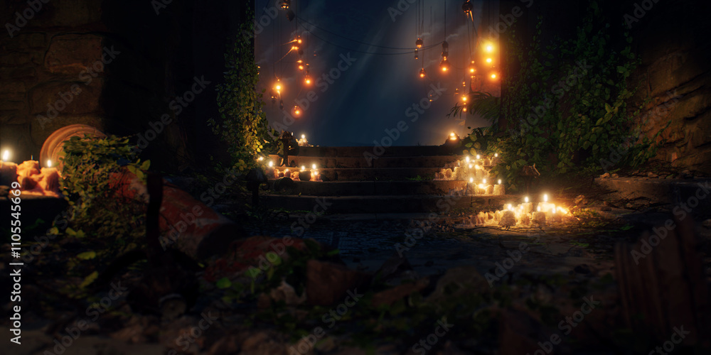 Ancient ruin of roman cave with vegetation and illuminated lanterns with smoke. 3D render.