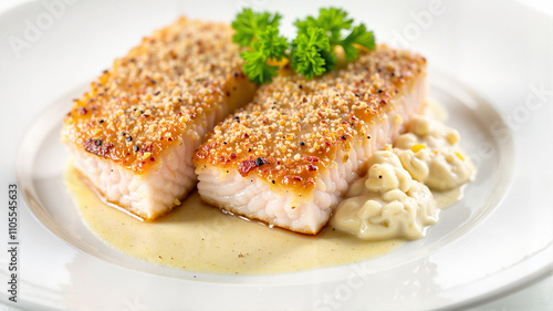 Paleo crusted fish fillet served with creamy cauliflower mash