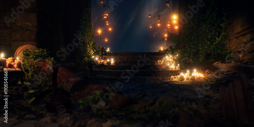 Obraz na płótnie Ancient ruin of roman cave with vegetation and illuminated lanterns with smoke. 3D render. w salonie