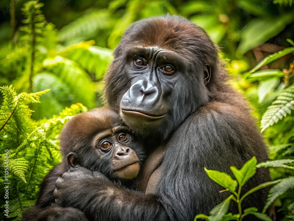 Obraz premium Heartwarming Product Photography of a Baby Gorilla Cuddling with Its Mama in a Natural Habitat, Showcasing the Bond of Love and Care in Wildlife, Ideal for Nature and Wildlife Enthusiasts