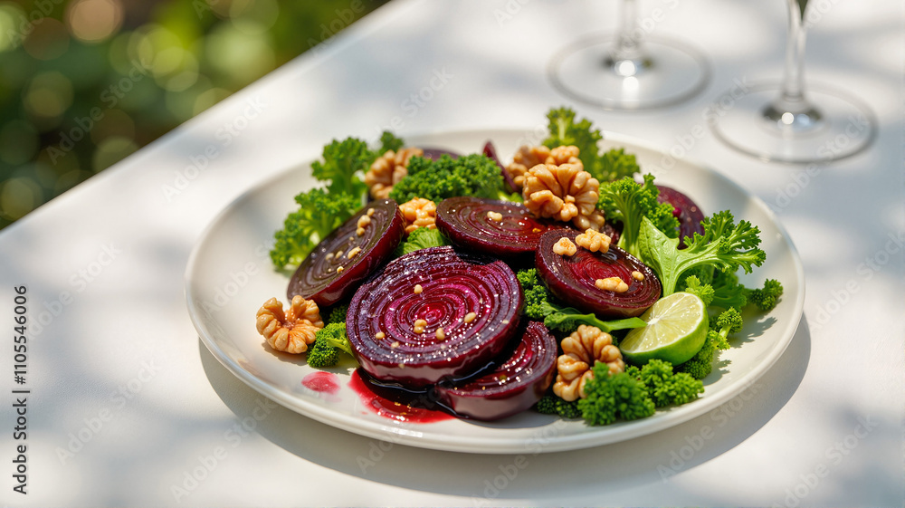 Fresh salad with roasted beets and walnuts served on a white plate Fresh salad with roasted beets and walnuts served on a white plate