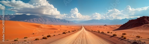 Desert road stretches into distance. Sand dunes, mountains form dramatic landscape. Vast sky filled with clouds. Empty roadway with car tracks. Scenic journey through nature. Travel concept. Empty