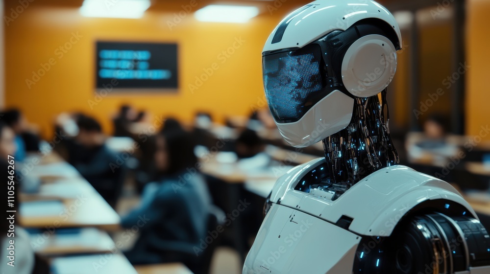 Fototapeta premium Humanoid robot teacher in hightech college classroom setting