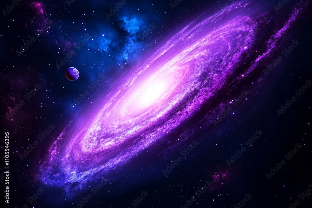 Vibrant Spiral Galaxy with Bright Core and Purple Nebula in Deep Space Vibrant Spiral Galaxy with Bright Core and Purple Nebula in Deep Space