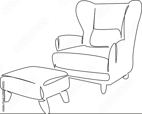 One continuous single drawing line art flat doodle soft chair with ottoman, footrest, comfortable chair, rest after work. Isolated image hand draw contour on a white background, hand drawn, not AI