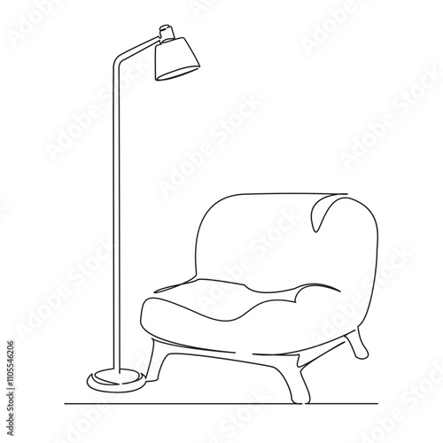 One continuous single drawing line art flat doodle chair with floor lamp, reading chair, illuminated chair, furniture. Isolated image hand draw contour on a white background, hand drawn, not AI