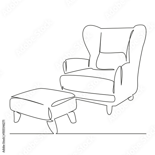 One continuous single drawing line art flat doodle soft chair with ottoman, footrest, comfortable chair, rest after work. Isolated image hand draw contour on a white background, hand drawn, not AI