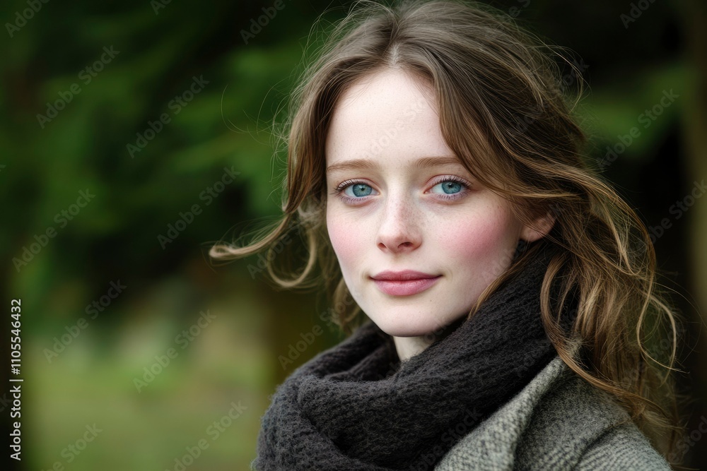 Young Woman with Blue Eyes and Brown Hair Outdoors Young Woman with Blue Eyes and Brown Hair Outdoors
