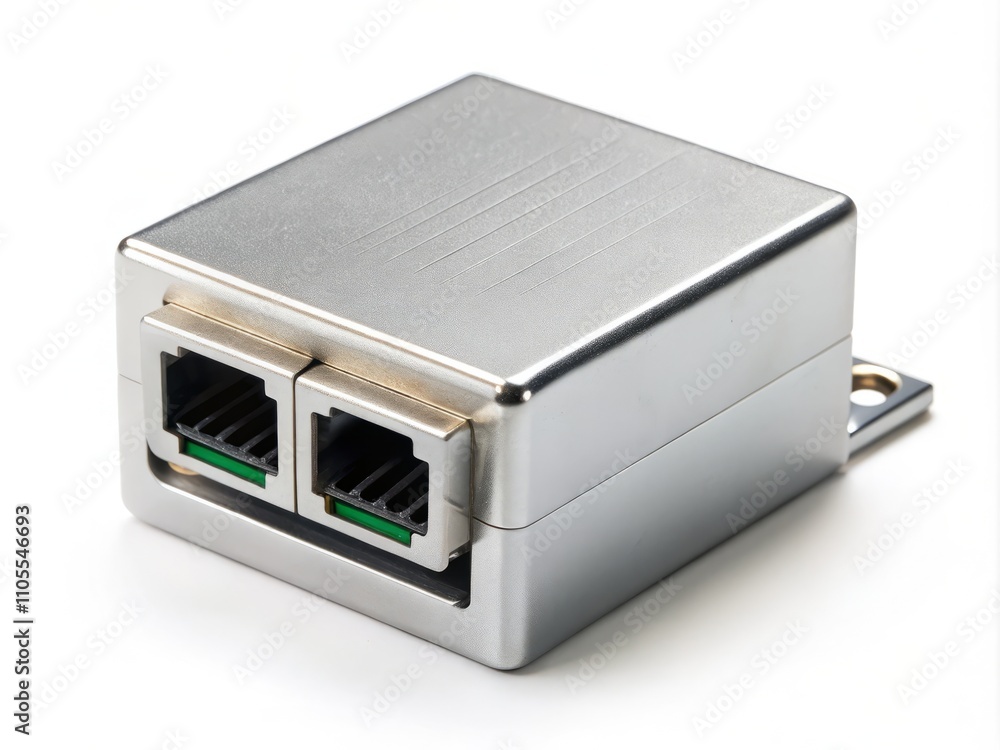 High-Quality PoE Injector for Electronic Equipment on a White Background, Perfectly Positioned Using the Rule of Thirds for a Professional Look and Enhanced Visual Appeal in Stock Photography High-Quality PoE Injector for Electronic Equipment on a White Background, Perfectly Positioned Using the Rule of Thirds for a Professional Look and Enhanced Visual Appeal in Stock Photography