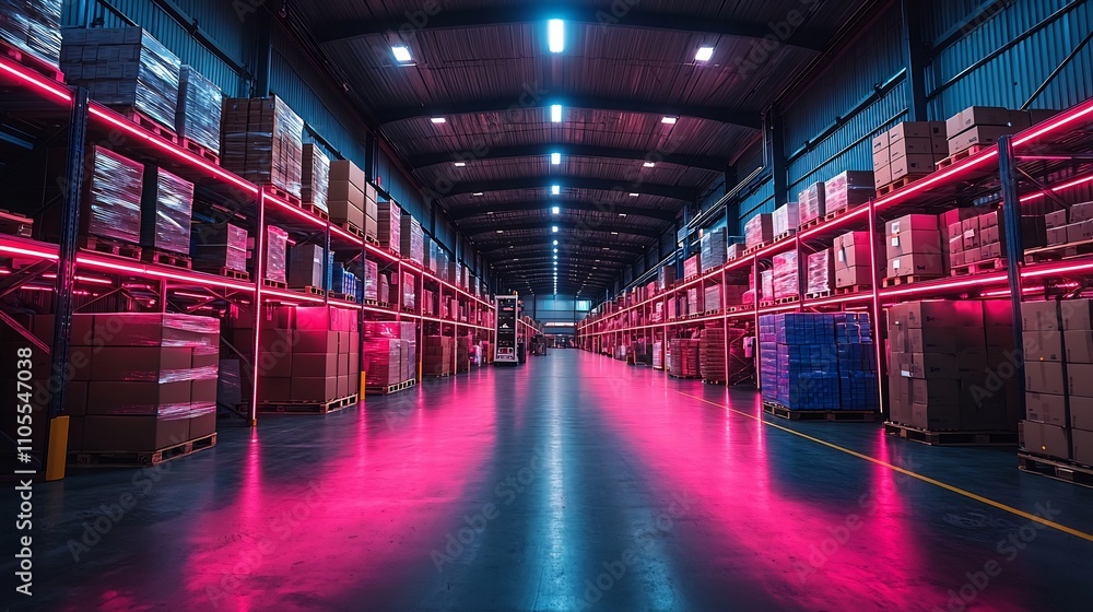 Automated Warehouse with Neon Lit Robotic Logistics and Supply Chain Monitoring Automated Warehouse with Neon Lit Robotic Logistics and Supply Chain Monitoring