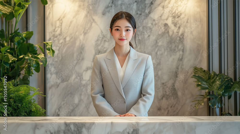 Obraz premium 高級オフィスの受付で働く日本人女性