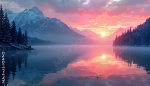 Majestic sunrise over tranquil mountain lake. Soft pink, orange hues reflect on calm water. Pristine natural setting. Peaceful essence of early morning. Scenic landscape with snow-capped mountains.